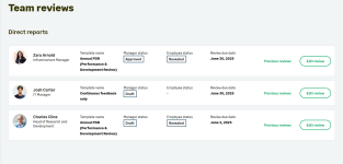 Screenshot: Team reviews page for a manager in WX